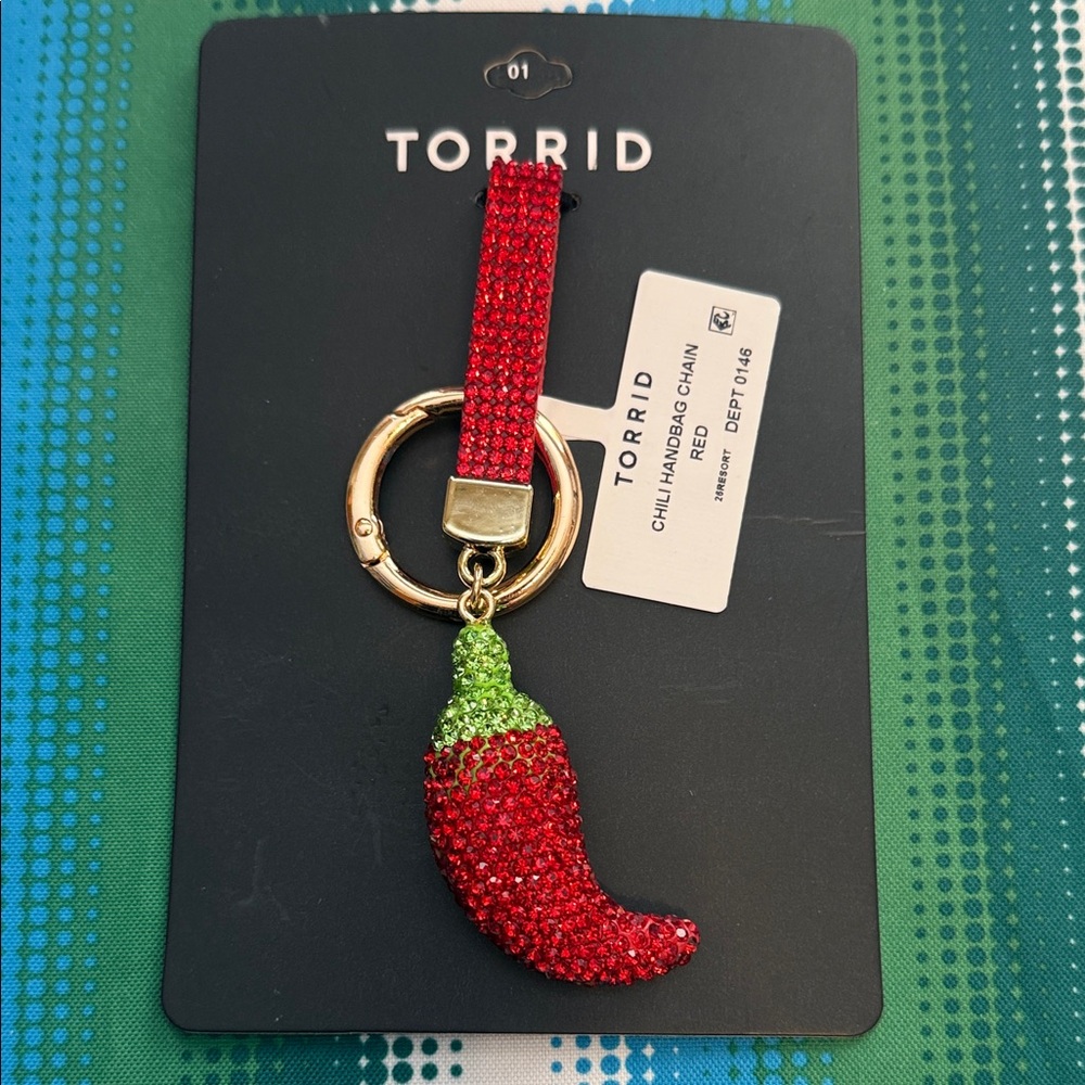 torrid Red & Green Rhinestone Chili Pepper Keychain with Gold Hardware